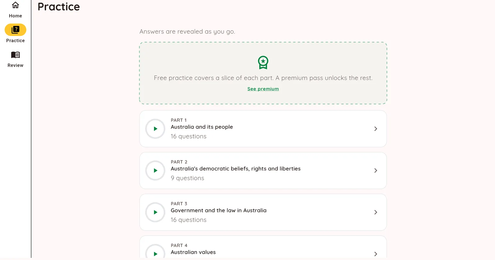 Tablet layout of the Practice tab showing progress through all four parts